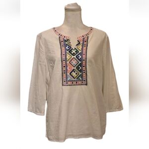 Talbots Embroidered Tunic Blouse White Cotton Boho Top Sz Large Chic Comfort